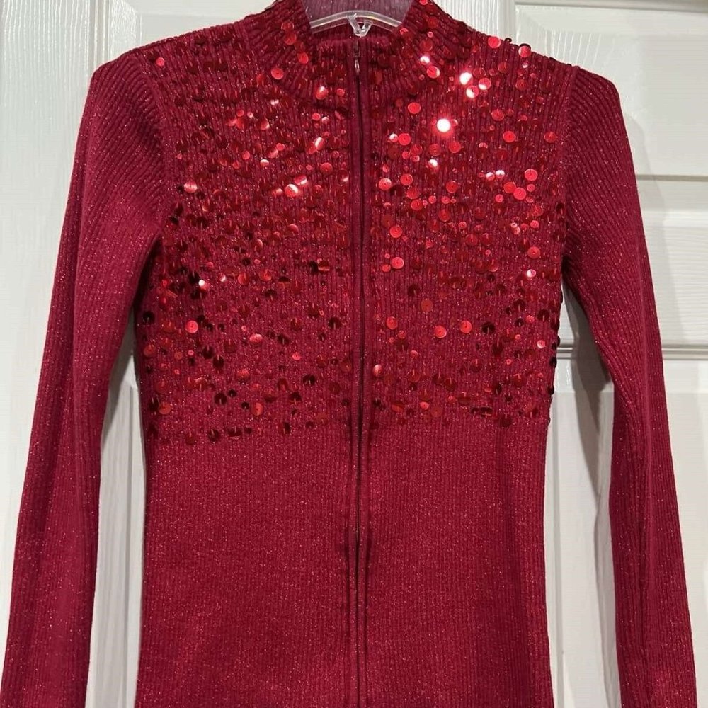 BOSTON PROPER Full Zipper Front Cardigan Fitted w/Sequins Metallic Stretch - XS